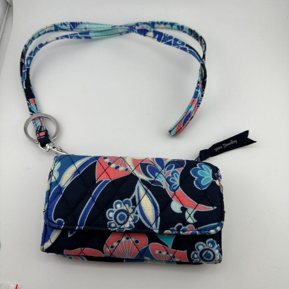 Vera Bradley Quilted Floral Tri-fold Mini Wallet Lanyard Keyring Signed Bags
